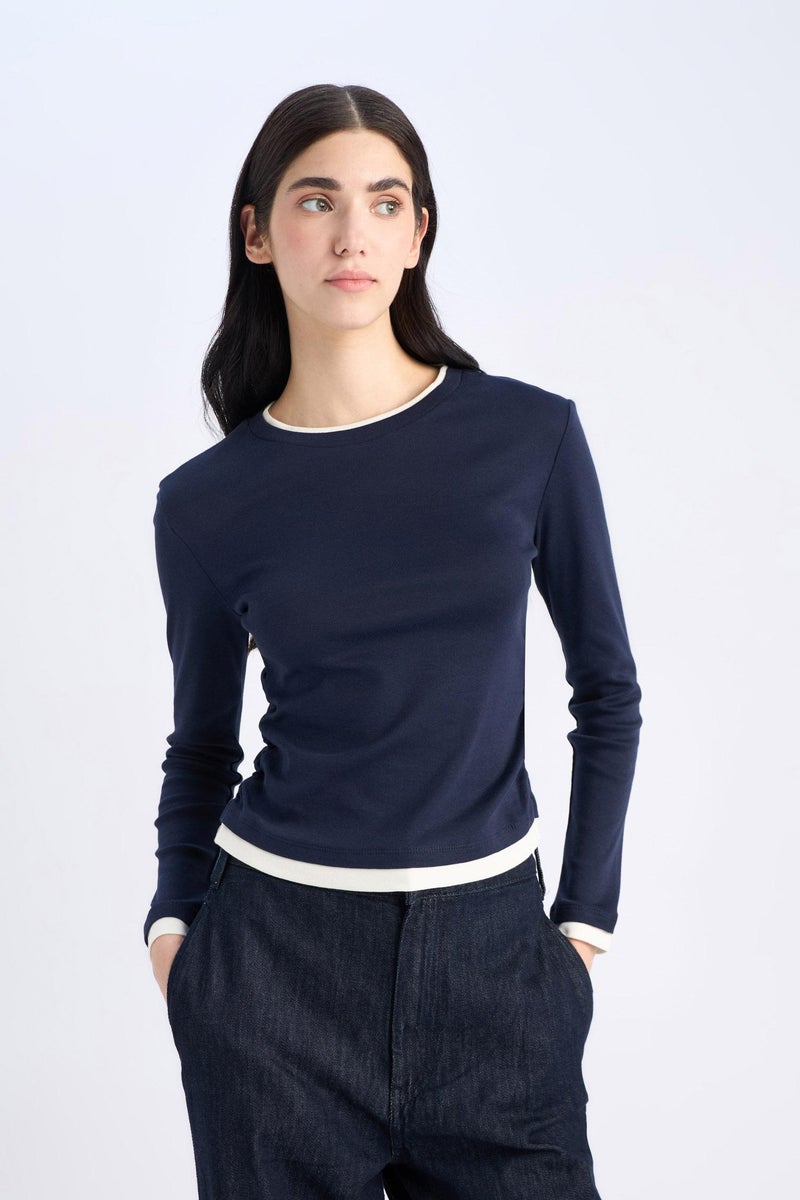 DeFacto Blue Woman Slim Fi Crew Neck Ribbed Long Sleeve T-Shirt Casual - Image 4